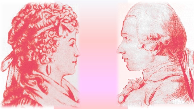 An old drawing of Madame de Sade and Marquis de Sade facing each other.