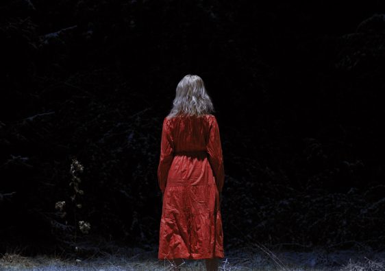 The back of a blond woman in a red dress, facing the darkness.